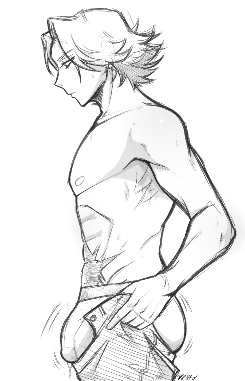 1boy aoyama_yuuga boku_no_hero_academia bulge bulge_under_clothes dripping_precum getting_dressed human humanoid_penis looking_at_bulge male male_focus male_only masculine meme my_hero_academia precum_drip pulling_pants_up scar side_view sketch solo solo_focus solo_male standing toned_male too_small_clothes topless variant venao white_background yuga_aoyama yuuga_aoyama