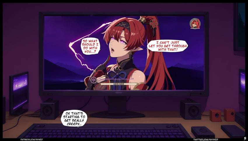 1girls ai_generated comic comic_page computer english_text female game gaming keyboard nyxworks page_5 page_number red_hair wuthering_waves yinlin_(wuthering_waves)