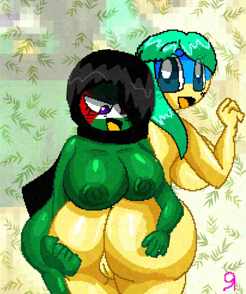 ai_disturbance aqua_hair breasts countryhumans countryhumans_girl dark_blue_eyes green_body green_nipples happy hijab kuro_musashi no_ai palestine_(countryhumans) pixel_(artwork) pixel_art purple_eyes touching_ass ukraine_(countryhumans) yellow_body