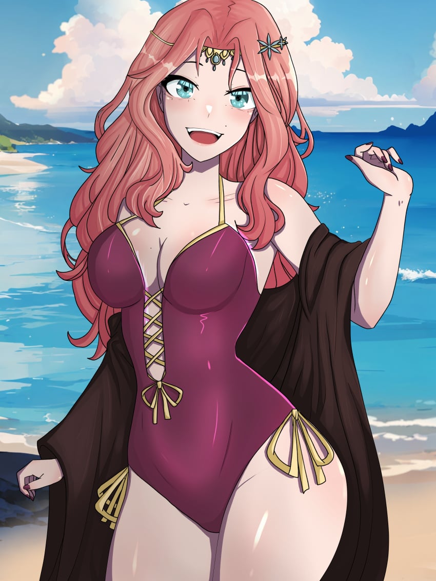 1girls :d alternate_costume aqua_eyes bare_arms bare_shoulders bare_thighs beach beauty_mark blue_eyes breasts brown_nails center_opening cleavage cloak collarbone cornelia_arnim female female_only fire_emblem fire_emblem:_three_houses long_hair looking_at_viewer medium_breasts mole mole_on_breast nail_polish nintendo ocean one-piece_swimsuit orange_hair outdoors purple_one-piece_swimsuit purple_swimsuit rizz_e shoulders smile solo swimsuit thighs very_long_hair wavy_hair