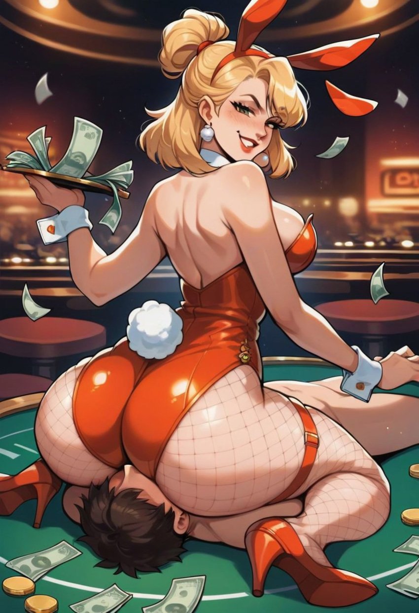 1boy 1girls ai_generated blonde_hair bunny_ears bunny_tail bunnysuit casino civitai clothed_female_nude_male collar cuffs_(clothing) dominant_female earrings faceless_male facesitting female femdom findom fishnets garter_straps hair_ornament heels high_heels leotard male money poker_chip poker_table public_sex red_leotard sitting_on_face sitting_on_person smug submissive_male