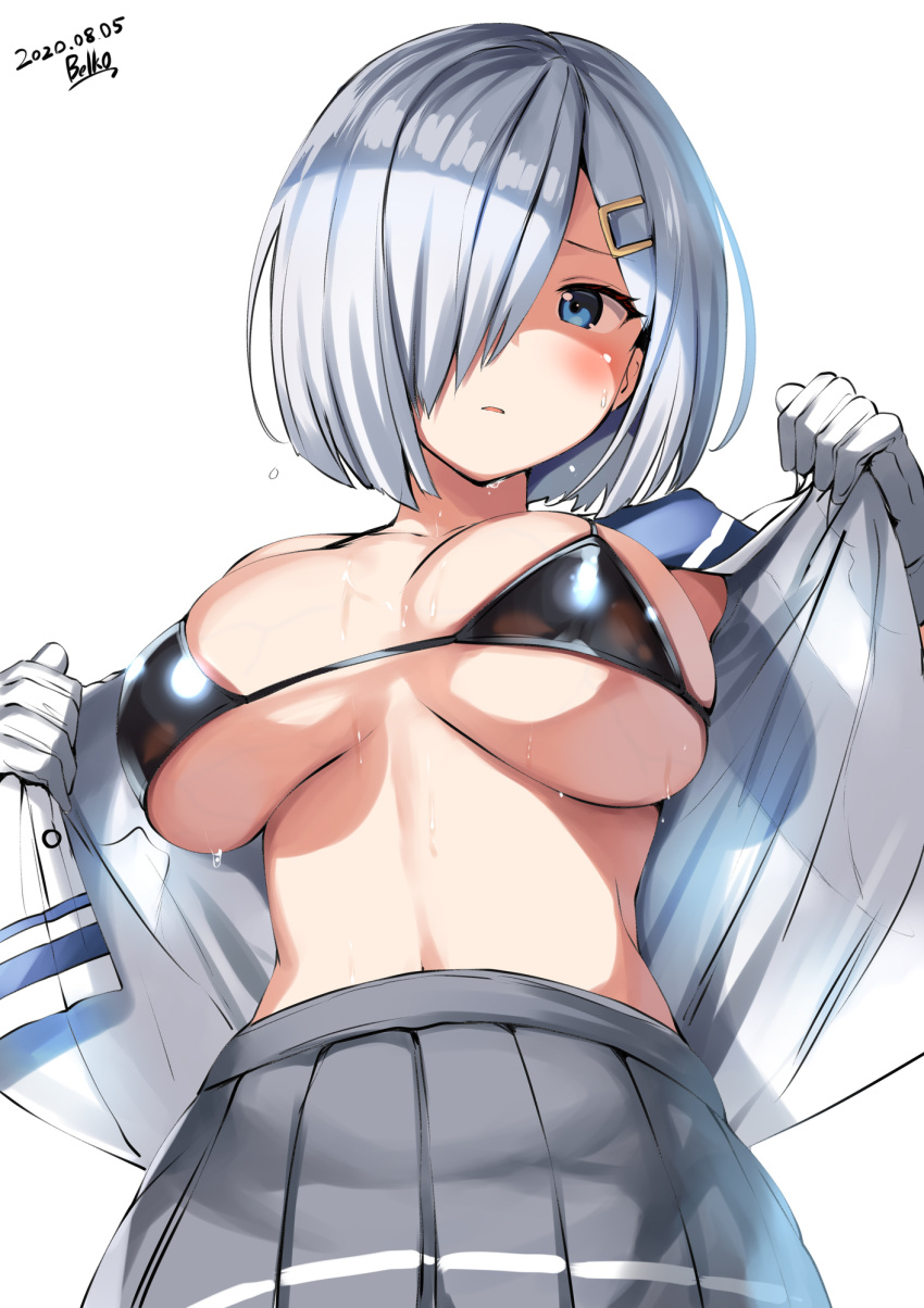 1girls belko bikini bikini_top_only black_bikini blue_eyes blue_sailor_collar blush breasts breasts_out cowboy_shot female gloves grey_skirt hair_ornament hair_over_one_eye hairclip hamakaze_(kantai_collection) kantai_collection large_breasts naughty_face open_mouth showing_breasts showing_off skirt solo sweat swimsuit white_gloves