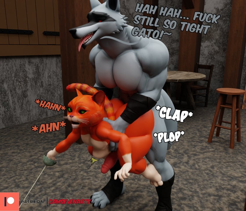 3d_(artwork) anal anal_sex anthro arm_wrapping arm_wraps ass bar big_butt big_dom_small_sub camseven canid canine canis cheek_tuft cross-eyed death_(puss_in_boots) death_(valorlynz) deep_penetration defeated dialogue digital_media_(artwork) domestic_cat dominant dreamworks duo english_text erection facial_markings facial_tuft felid feline felis from_behind_position fur furniture fuzzy genitals green_eyes grey_body grey_fur grin head_markings hi_res holding_another holding_object holding_partner holding_weapon humanoid_genitalia humanoid_penis inside leg_wrap leg_wraps looking_pleasured male male/male mammal markings mask_(marking) melee_weapon moan muscular muscular_anthro muscular_male narrowed_eyes nude orange_body orange_fur penetration penis plap profanity puss puss_in_boots_(dreamworks) puss_in_boots_(film) puss_in_boots_the_last_wish rapier red_eyes sex shrek_(series) size_difference smaller_male smaller_penetrated smile standing stomach_bulge stool sword table tavern teeth text thick_thighs tongue tongue_out tuft waist_grab weapon whiskers wolf wrapped_arms wrapped_legs wraps