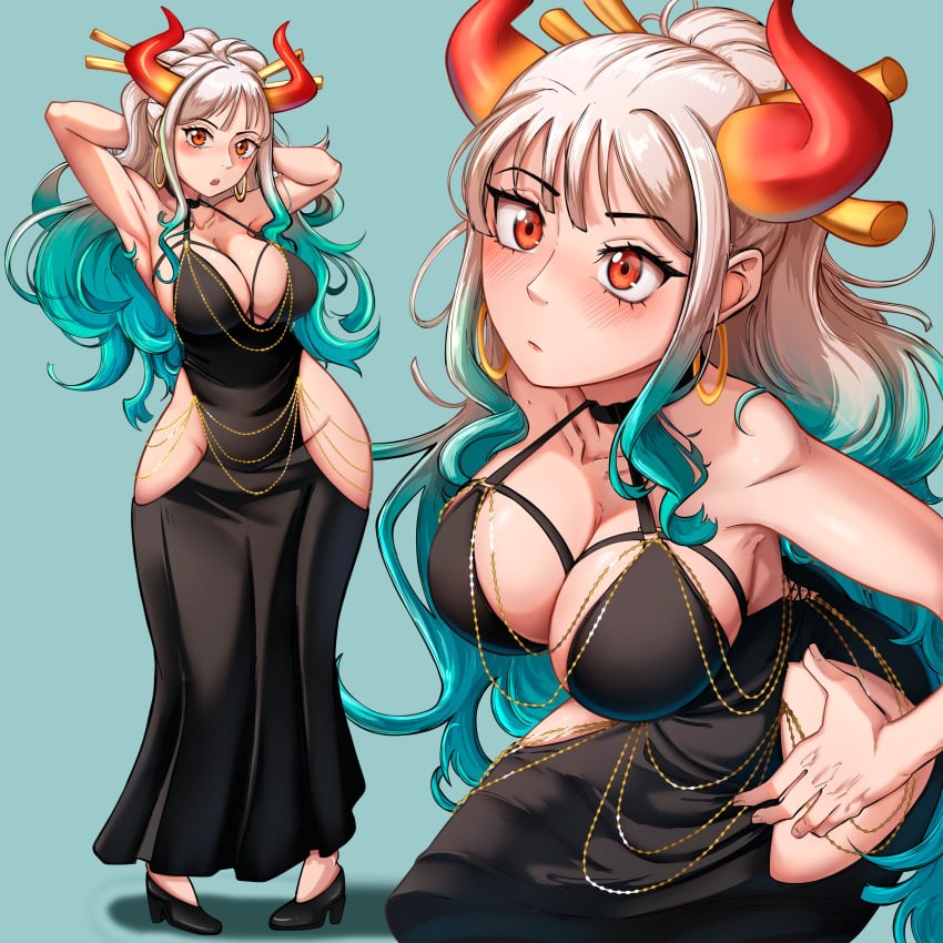 1girls armpits arms_up big_breasts black_dress breasts covered_nipples dilan_griz dress earrings female female_only gold_jewelry hand_on_hip hands_behind_head heels hips horns looking_at_viewer modakawa_dress necklace one_piece orange_eyes red_eyes tagme teal_background teal_hair white_hair yamato_(one_piece) yomorio_lingerie