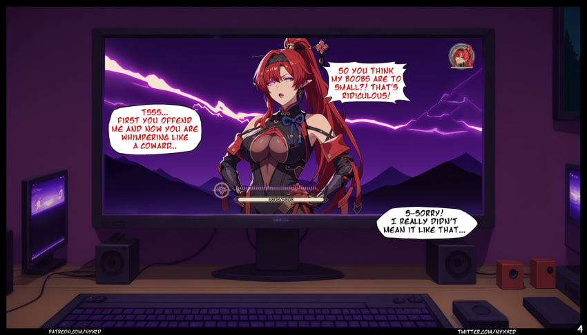 1girls ai_generated boob_window comic comic_page computer english_text female game gaming keyboard nyxworks page_4 page_number red_hair wuthering_waves yinlin_(wuthering_waves)