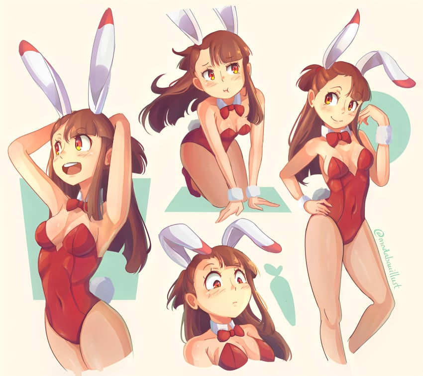 akko_kagari alternate_version_available armpits arms arms_behind_head bare_arms bare_shoulders blush blush_lines bowtie brown_eyes brown_hair bunny_costume bunny_ears bunnysuit cleavage edit edited embarrassed female female_focus female_only happy kneeling little_witch_academia long_hair madabauillust navel navel_line open_smile orange_eyes pose posing rabbit_tail red_eyes slim slim_waist small_breasts smile thick_thighs thighs tied_hair upscaled