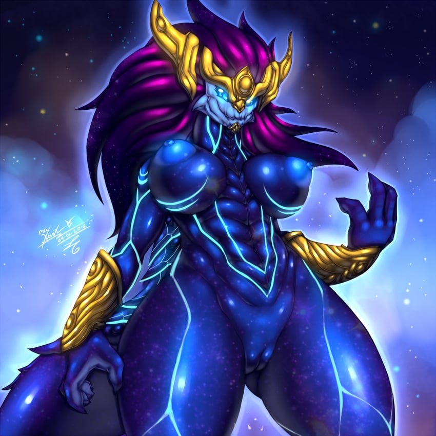 2016 anthro aurelion_sol big_breasts breasts dragon female highres league_of_legends looking_at_viewer mn_xenx nipples nude pussy rule_63 solo space standing