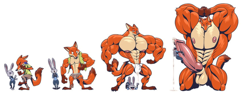 anthro bulge canine clothing cum disney duo extreme_muscles female fox furry hi_res huge_cock huge_muscles hyper hyper_muscles judy_hopps kneeling lagomorph macro male male_focus mammal muscular nick_wilde penis pose rabbit size_difference straight the_fabulous_croissant transformation underwear wolfiecanem zootopia