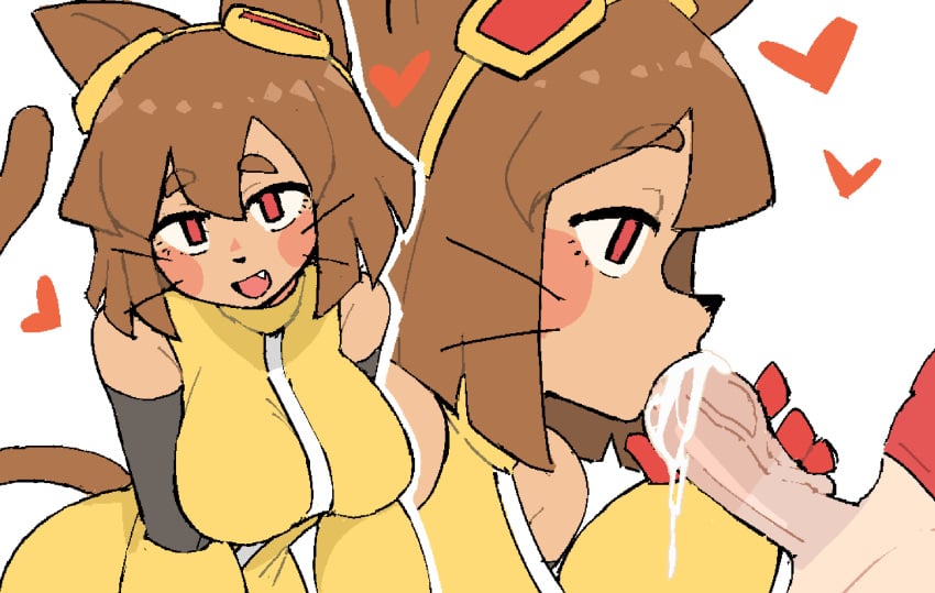 1girl 1girls absurdres animal_ears animal_nose anthro breasts brown_hair cat_ears cat_girl cat_tail cum cum_in_mouth dress fellatio female furry furry_female furry_with_non-furry gameoverse gauntlets goggles goggles_on_head hetero highres interspecies kit_(gameoverse) large_breasts lunatheri oral red_eyes tail whiskers yellow_dress yellow_gauntlets