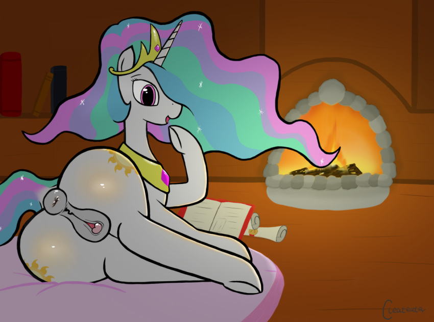 2016 alicorn animal_genitalia animal_pussy anus ass book cleateater clitoral_winking clitoris crown cutie_mark equine equine_pussy female fire friendship_is_magic fur hair hooves horn horse looking_at_viewer lying magic_user mammal multicolored_hair my_little_pony one_eye_closed pony princess_celestia_(mlp) pussy scroll smile solo white_fur wings wink