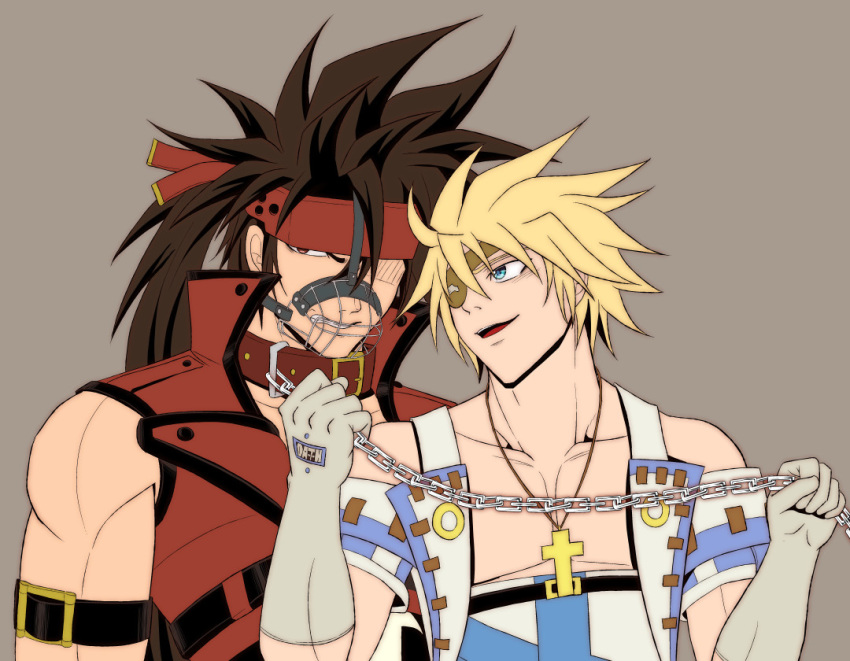 2boys abs blonde_hair brown_hair collar guilty_gear leash male_only multiple_boys muscle muzzle pecs sin_kiske sol_badguy tagme yaoi