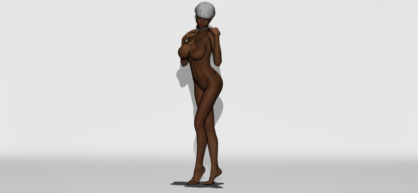 3d alphawlff bare_breasts barefoot big_breasts bikini bikini_bottom black_panties bra_removed breasts busty closed_mouth clothed clothing collar dark-skinned_female dark_skin exhibitionism exposed exposed_breasts female female_only front_view grey_hair half-dressed human indoors inside large_breasts legs lingerie micro_bikini nipples no_bra panties pose poser posing short_hair side-tie_bikini side-tie_panties silver_hair skimpy solo standing string_panties swimsuit swimwear thong topless underwear underwear_only white_hair