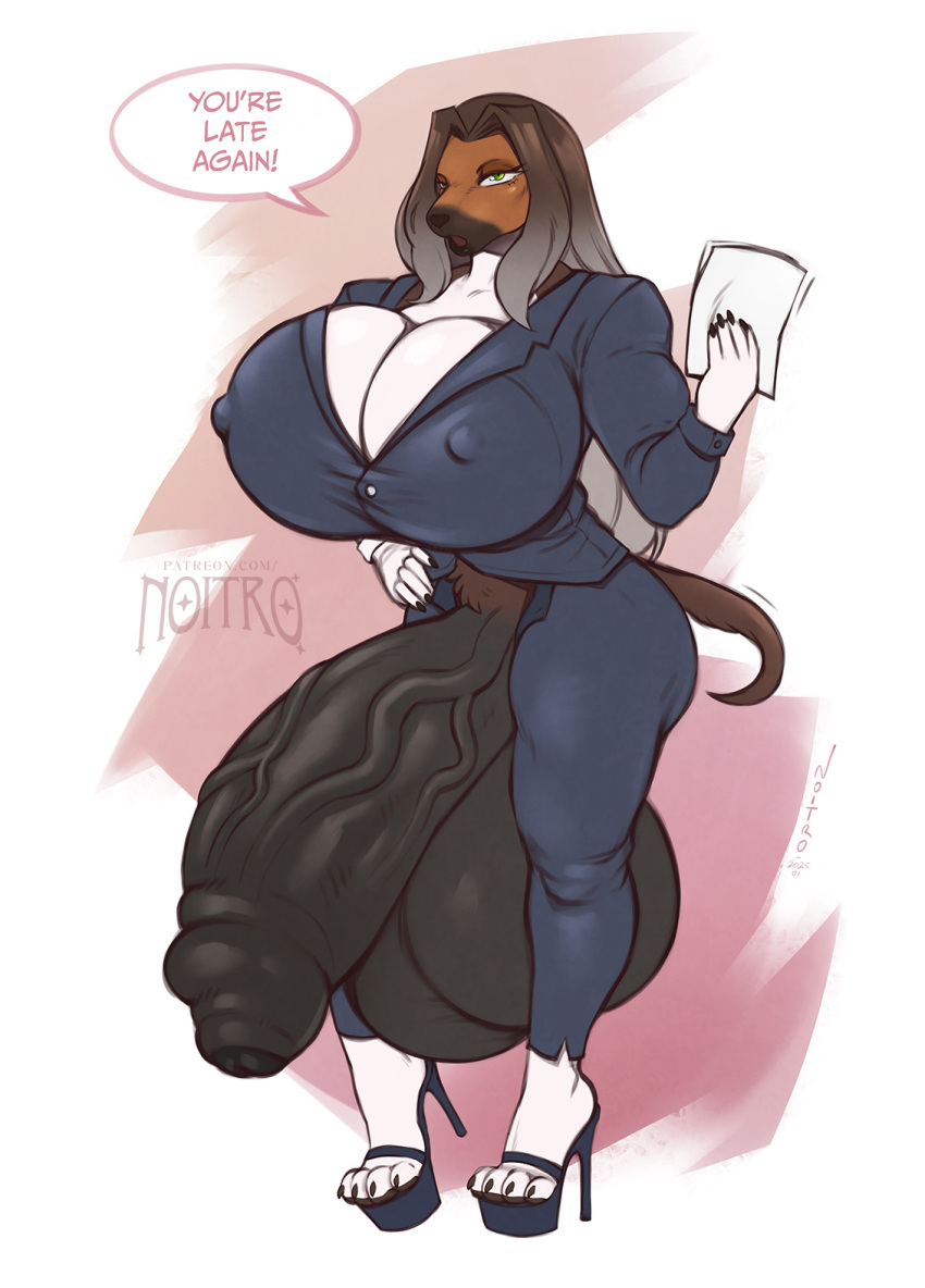afghan_hound anthro balls big_balls big_breasts big_penis black_balls black_claws black_penis bottomwear breasts brown_body brown_hair business business_suit businesswear canid canine canis celia_dodge claws clothing costume dialogue domestic_dog flaccid fly_open genitals green_eyes greyhound gynomorph hair hand_on_leg hand_on_thigh hi_res holding_object holding_paper huge_balls huge_breasts huge_penis hunting_dog hyper hyper_balls hyper_genitalia hyper_penis intersex jacket long_hair looking_at_viewer mammal muscular muscular_intersex nipple_outline noitro open_mouth pants paper penis sighthound simple_background solo suit talking_to_viewer text topwear vein veiny_penis white_body white_breasts