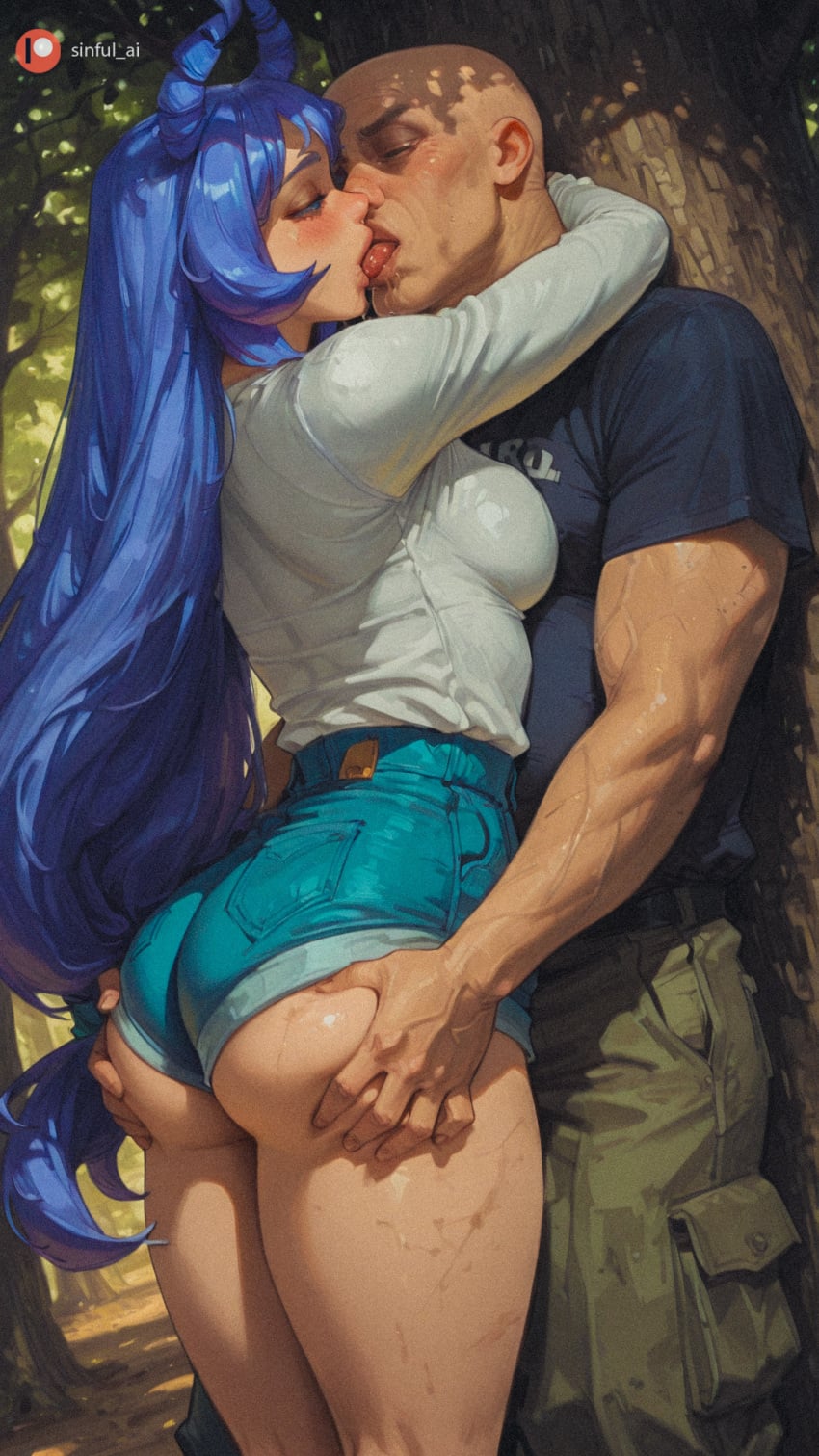 hetero denim wide_hips rating:questionable big_ass tongue long_hair thigh_grab 1girl 1boy big_butt tongue_out female butt big_boobs my_hero_academia breasts hi_res french_kiss drool grabbing_another's_ass saliva medium_breasts ass drooling blue_hair hadou_nejire large_breasts ass_grab thick_thighs denim_shorts shorts blush thighs kiss ai_generated groping aisinful