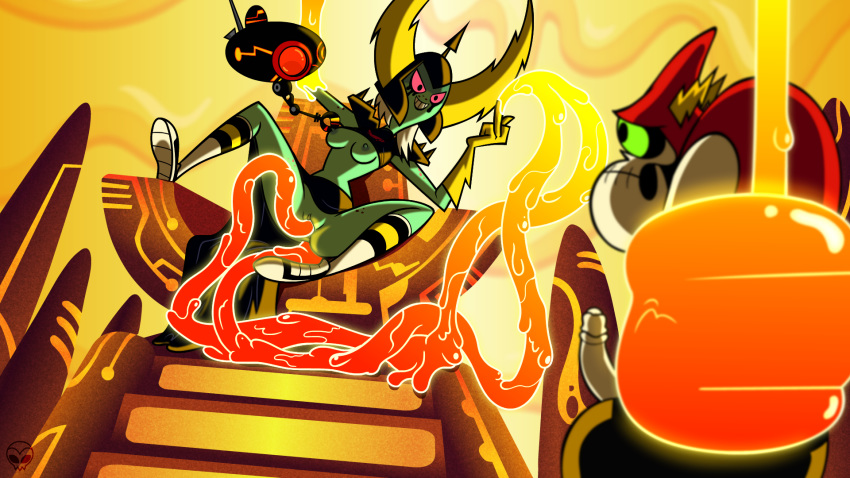 breasts gloves green_eyes green_skin headgear helmet lava long_skirt lord_dominator lord_hater nipples penis pussy red_eyes shirt_lift shoes skeleton skirt smile sneakers socks spread_legs tentacle throne uncensored wander_over_yonder zone