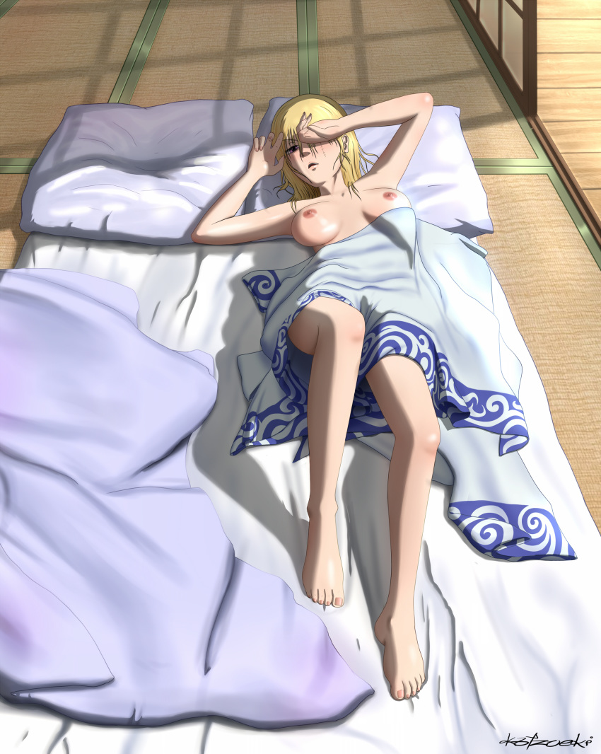 barefoot blonde_hair breasts feet female female_only futon gintama hair_down human katzueki lying morning_after nipples on_back on_bed pillow solo solo_focus tatami toes tsukuyo