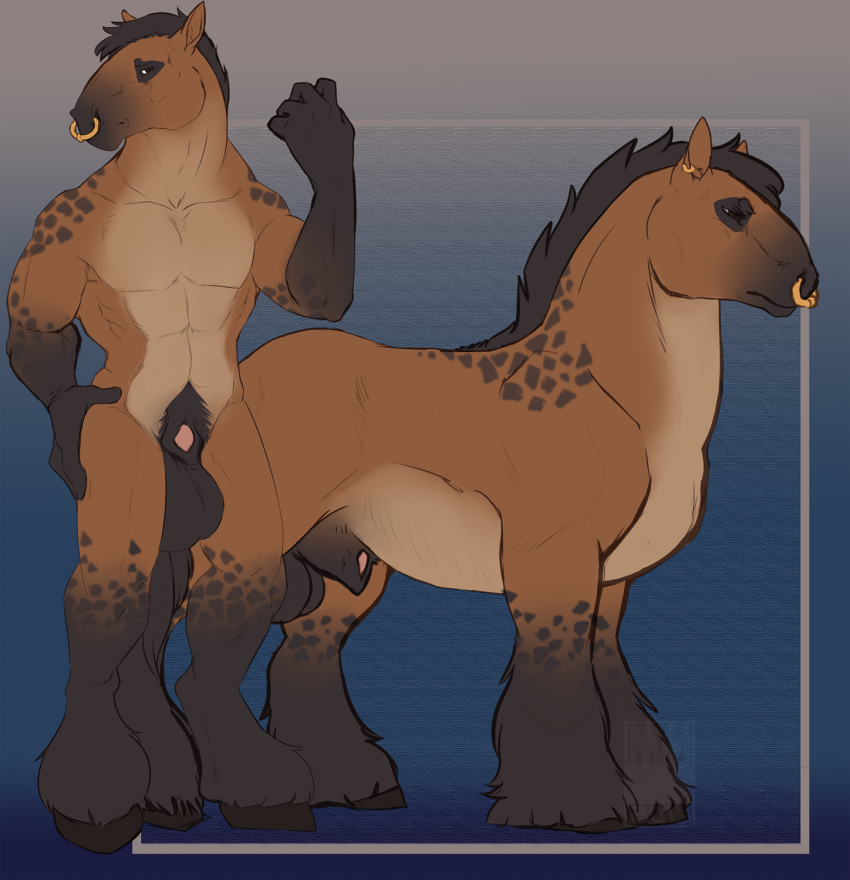 1boy animal_genitalia anthro atlas_(jelomaus) balls big_balls big_sheath brown_fur ear_piercing equine facial_piercing feral flexing fur gradient_background hair hooves male male_only mammal mane model_sheet nose_piercing nose_ring piercing sheath solo spots