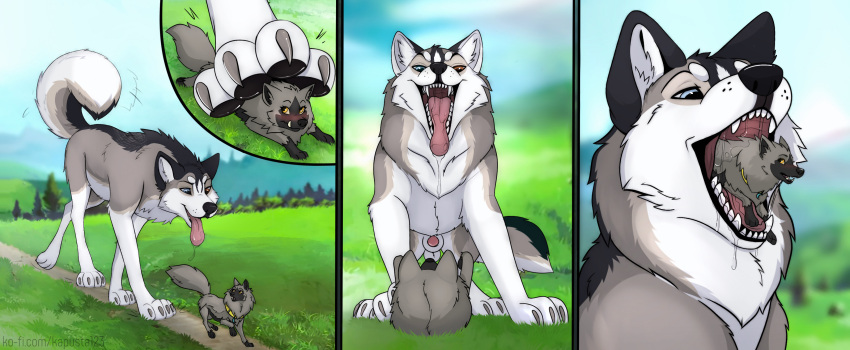 canine cloud cloud_the_husky feral game_freak husky maws nintendo open_mouth outdoors outside pawpads paws pokemon pokemon_(species) poochyena size_difference stellarity_the_poochyena swallow vore wet