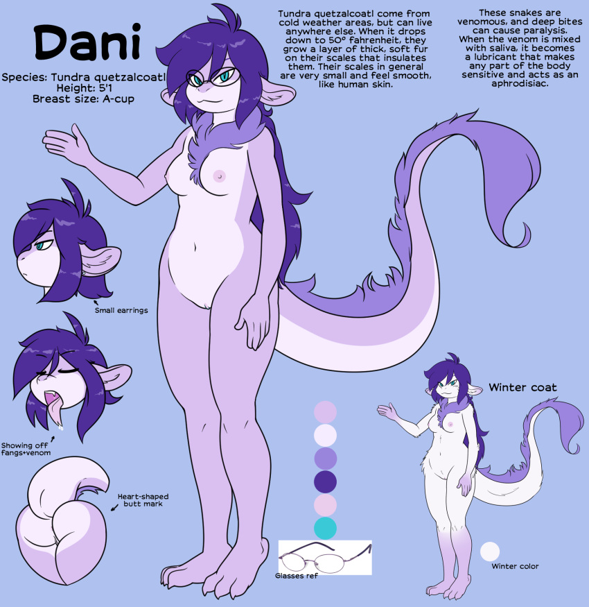 2016 anus ass blue_eyes breasts dani_(daniruu) daniruu dragon ear_piercing eyewear fangs female female_only fluffy forked_tongue fur glasses hair hi_res lapinbeau long_hair long_tail model_sheet nipples piercing purple_fur purple_hair purple_skin pussy quetzalcoatl reptile scalie small_breasts snake solo synapsid tongue tundra_quetzalcoatl white_fur winter_coat