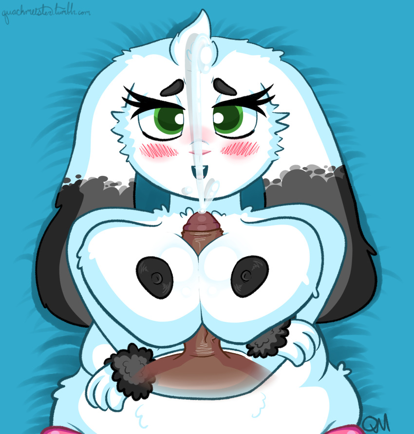 :d anthro areolae blush borrowed_character breasts chubby crossed_arms cum cumshot female green_eyes happy_sex huge_breasts lagomorph large_areolae large_breasts looking_at_viewer lying male nose_blush original paizuri penis pink_nose plump pov quackmeister rabbit smiling straight thick_eyebrows white_fur