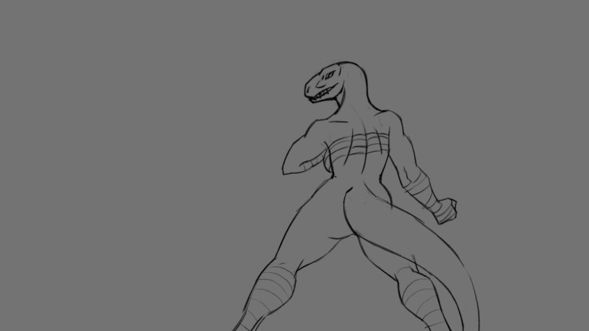 2016 3_toes 5_fingers animated anthro ass bottomless breasts claws clothed clothing dinosaur female fight fuzzamorous grey_background greyscale looking_at_viewer martial_arts monochrome pussy scalie sephira_tridell_(tabra) sharp_claws sharp_teeth simple_background sketch solo standing teeth theropod toes tyrannosaurus_rex