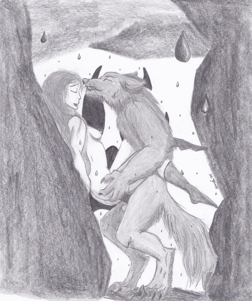 against_wall anthro black_and_white breasts canine cave closed_eyes clothes female fur furry hair heart human larger_male legwear love male mammal monochrome nergal.bragi nude painting paws pencil_(artwork) penetration penis sex size_difference smaller_female smile stockings straight symbol vaginal_penetration water were werewolf wolf