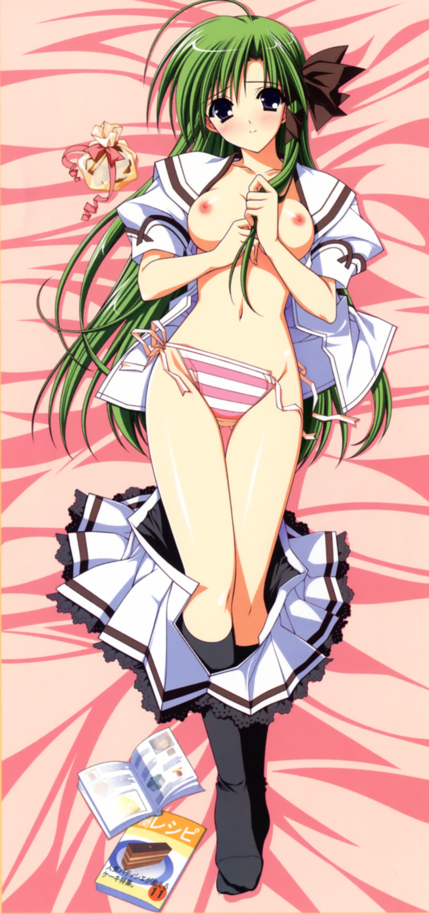 bed blush breasts dakimakura footwear green_hair hair_ribbon highres long_hair nude panties purple_eyes ribbon school_uniform shigure_asa shuffle shuffle! side-tie_panties socks striped striped_panties suzuhira_hiro underwear undressing