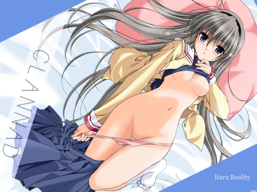 1girls bed bed_sheet blue_eyes blush breasts censored clannad clothing english feet female footwear hairband highres hips long_hair lying navel nipples no_bra no_pussy no_shoes nude on_back open_clothes open_shirt panties panty_pull pink_panties pleated_skirt sakagami_tomoyo school_uniform seifuku serafuku shiino_yui shirt shirt_lift silver_hair skirt skirt_around_one_leg small_breasts socks solo thigh_gap thighs title_drop underwear wallpaper white_hair wide_hips