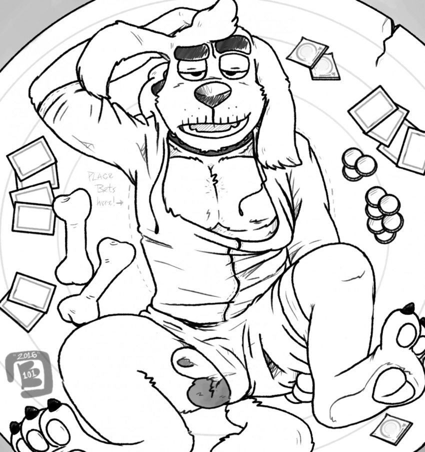 balls bowserboy101 canine clothes dogamy gay half_naked hoodie looking_at_viewer male male_only mammal monochrome no_color penis poker pov presenting royal_guard_(undertale) solo table undertale underwear