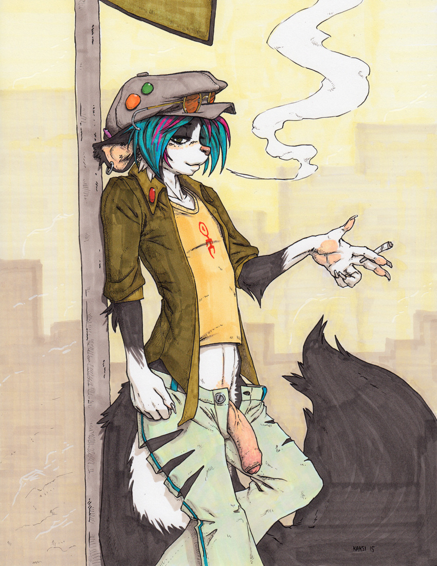 1boy 2015 anthro black_fur blue_hair cigarette clothing ear_piercing fur hair half-erect hat headgear hi_res humanoid_penis jacket jeans korki male male_only mammal midriff multicolored_fur multicolored_hair pants partially_retracted_foreskin penis piercing public purple_hair shirt skunk slim smoke smoking sneakerfox solo torn_clothing uncut unzipped vein veiny_penis white_fur