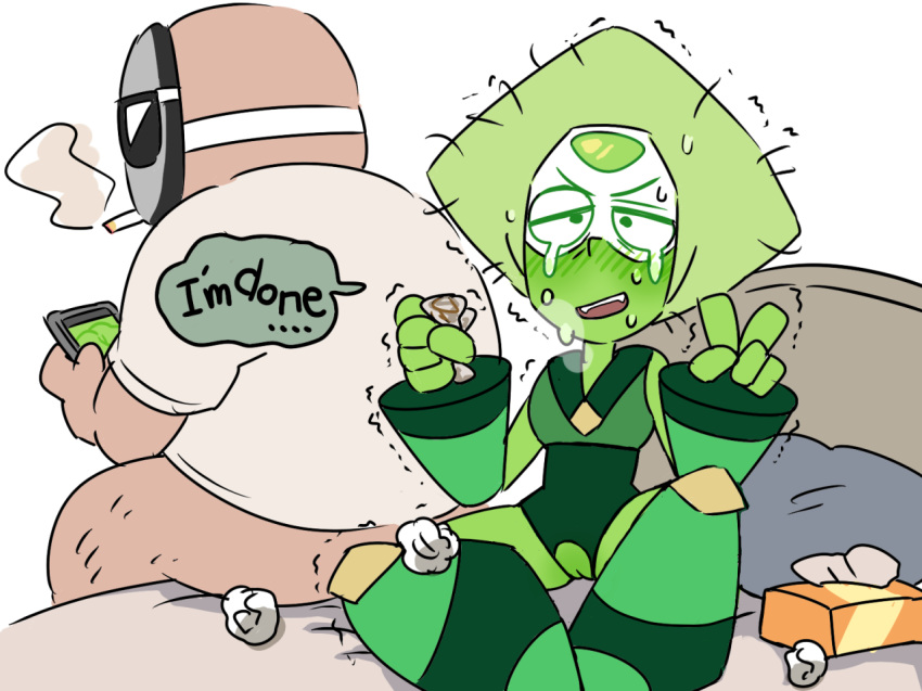 1boy blush cartoon_network cellphone cigarette crotchless_clothes faceless_male female gem_(species) gnome-no green_hair green_skin limb_enhancers mask messy_hair old_man peridot_(steven_universe) phone smartphone smoking steven_universe tissue_box trembling used_tissue v visor