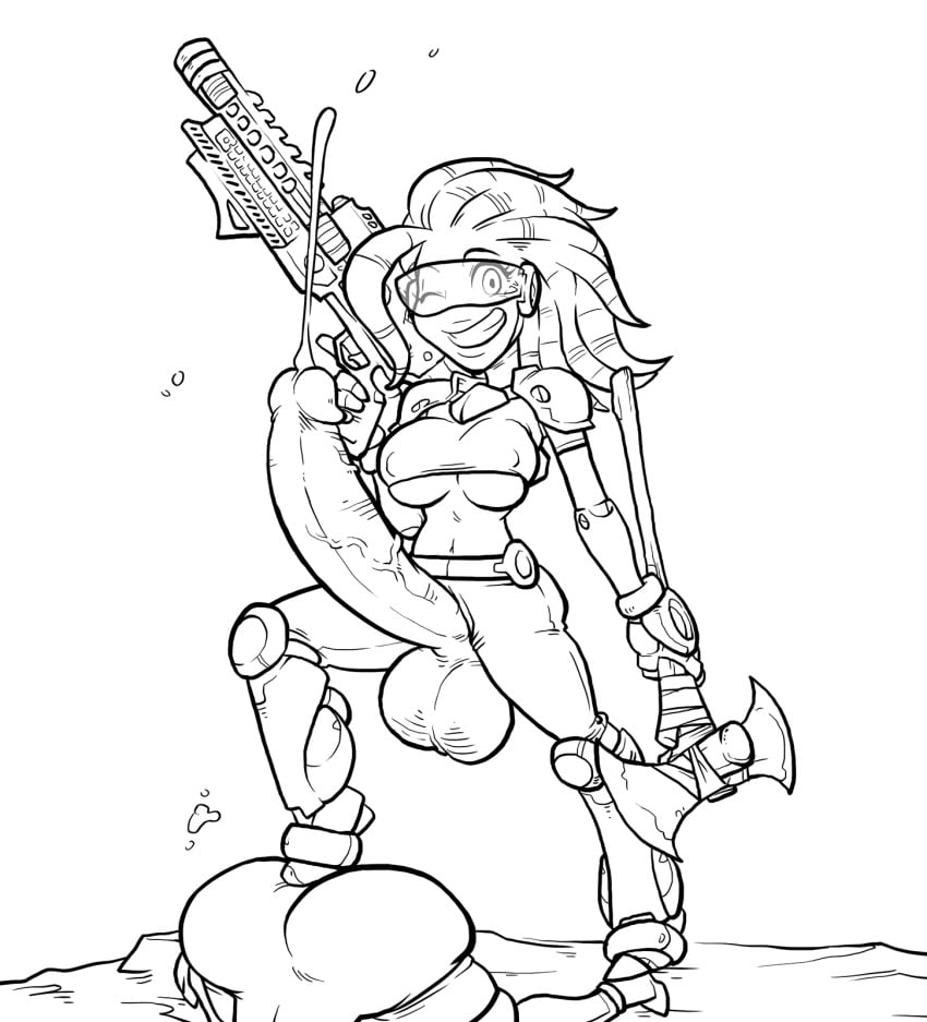 alien ass avian awesomenauts balls bird breasts coco_nebulon dickgirl gun highres intersex looking_at_viewer monochrome penis ranged_weapon sparrow_(artist) tentacle tentacle_hair underboob weapon