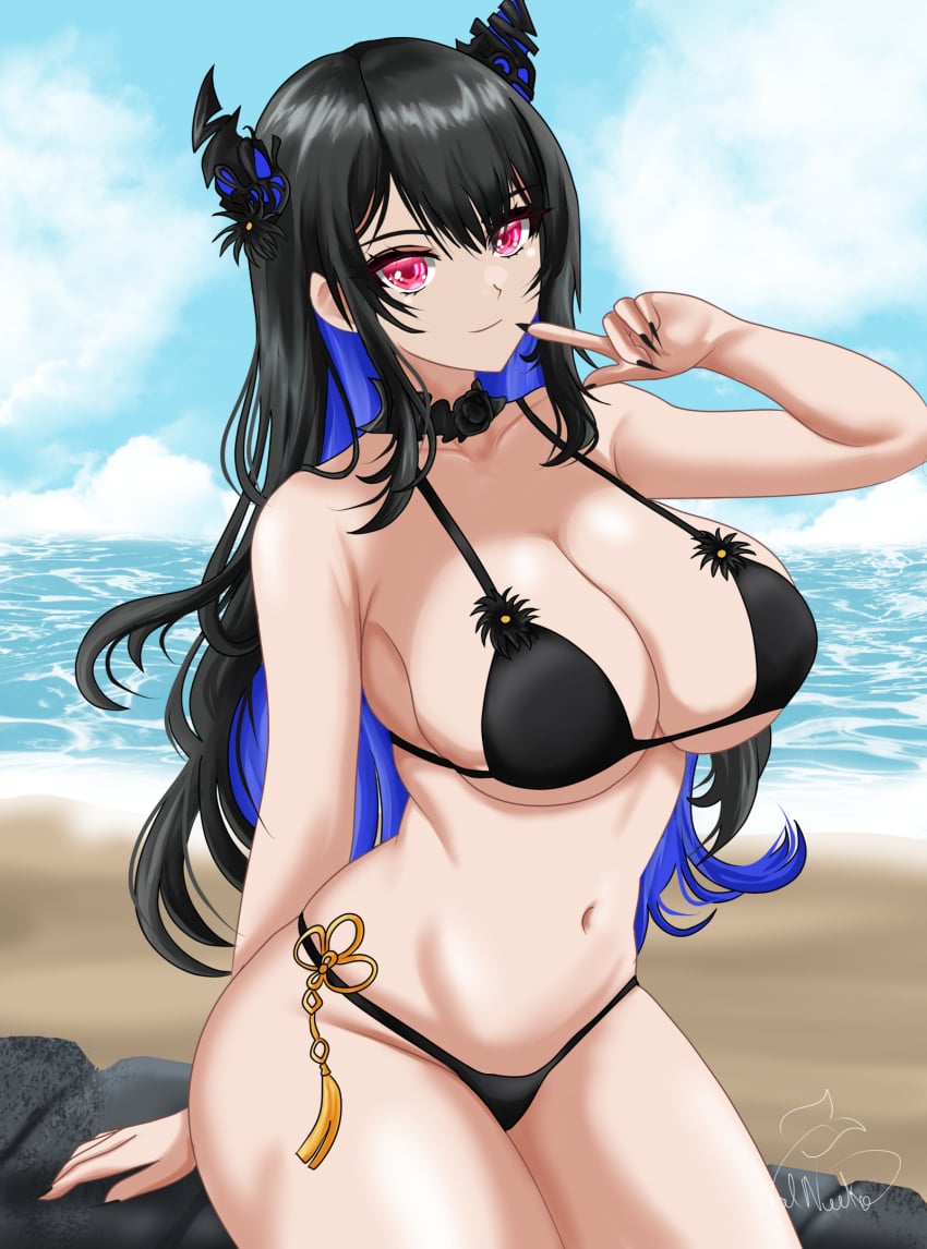 1girls 2024 2d 2d_(artwork) alternate_costume beach belly_button big_breasts bikini_bottom bikini_top black_bikini black_bikini_bottom black_bikini_top black_hair black_nails black_swimsuit black_thong blue_hair bra clouds day female female_focus female_only front_view high_resolution highres hololive hololive_english hololive_english_-advent- horns hourglass_figure huge_breasts light-skinned_female light_skin long_hair looking_at_viewer navel nerissa_ravencroft ocean outdoors pink_eyes revealing_swimsuit sexy sitting sky smiling smiling_at_viewer solo solo_female solo_focus summer swimsuit thong thong_bikini two_piece_swimsuit two_tone_hair valneeko virtual_youtuber voluptuous voluptuous_female vtuber vtuberfanart water young younger_female