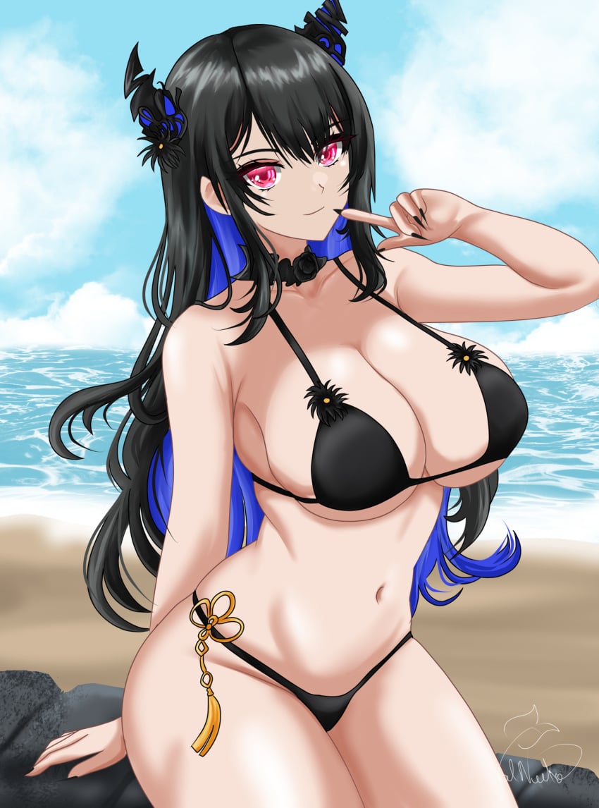 1girls 2024 2d 2d_(artwork) alternate_costume beach belly_button big_breasts bikini_bottom bikini_top black_bikini black_bikini_bottom black_bikini_top black_hair black_nails black_swimsuit black_thong blue_hair bra clouds day female female_focus female_only front_view high_resolution highres hololive hololive_english hololive_english_-advent- horns hourglass_figure huge_breasts light-skinned_female light_skin long_hair looking_at_viewer navel nerissa_ravencroft ocean outdoors pink_eyes revealing_swimsuit sitting sky smiling smiling_at_viewer solo solo_female solo_focus summer swimsuit thong thong_bikini two_piece_swimsuit two_tone_hair valneeko virtual_youtuber voluptuous voluptuous_female vtuber vtuberfanart water wholesome young younger_female