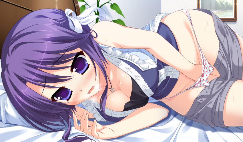 bed bedroom black_bra blush breasts cleavage game_cg hand_in_own_panties hand_in_panties heart_necklace masturbation masturbation_under_clothes mekata_mitsuki moonstone on_side panties polka_dot polka_dot_panties princess_evangile purple_eyes purple_hair saeki_nao shorts shorts_pull solo sweat underwear waifu2x