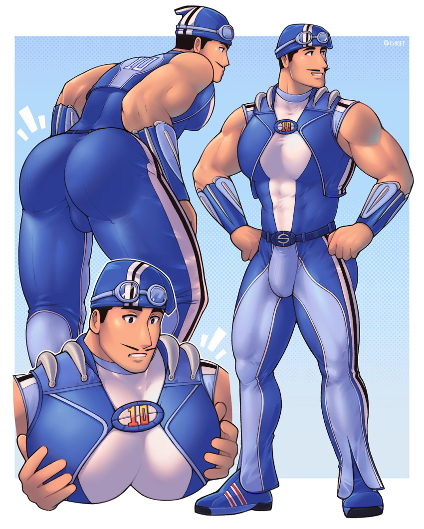 1boy actor ass athlete balls_outline bulge caucasian caucasian_male celebrity chest grope groping groping_from_behind hat human ignoet in_character lazytown magnús_scheving male male_only moobs moustache muscles muscular muscular_male pecs presenting presenting_hindquarters sportacus tight_clothes tight_clothing