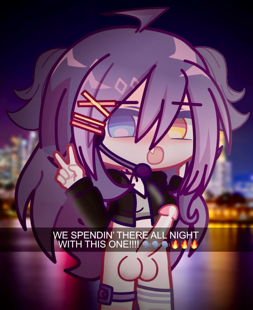 1futa balls big_penis blush bottomless cityscape clothed clothing cum edit futa_only futanari gacha gacha_life gacha_life_2 half_naked hands_free_cum high_resolution light-skinned_futanari light_skin night open_mouth original_character partially_clothed peace_sign penis posing purple_hair solo standing text