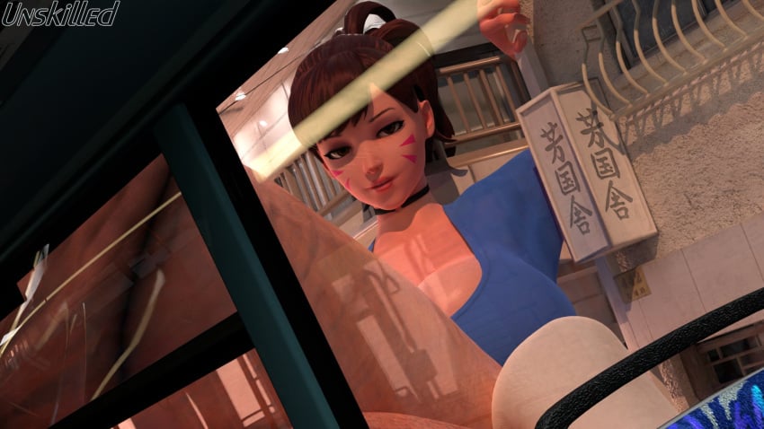 1futa 3d big_breasts breasts brown_hair clothing d.va futa_giantess futa_only futanari giantess huge_cock hyper hyper_penis light-skinned_futanari light_skin looking_at_viewer macro overwatch overwatch_2 penis pov solo unski113d