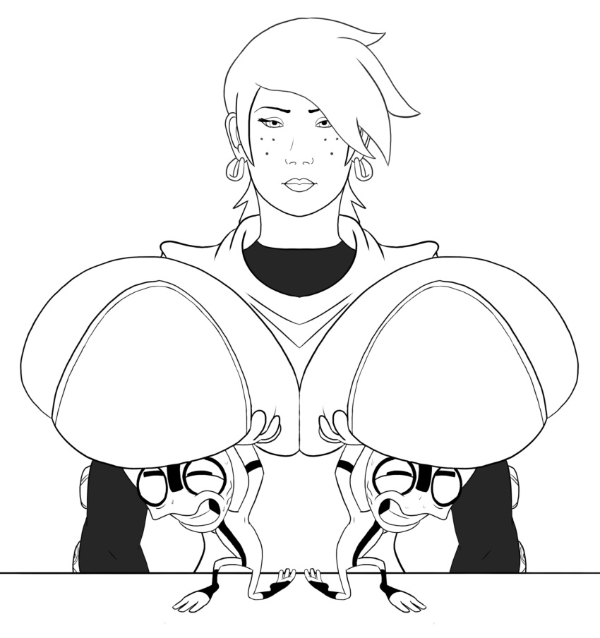 1girls alien artist_request ben_10 big_breasts black_and_white cartoon_network earrings female future_gwen galvan galvan_(ben_10) grey_matter gwen_tennyson huge_breasts large_breasts mature_female milf monochrome short_hair struggling supporting_breasts sweating