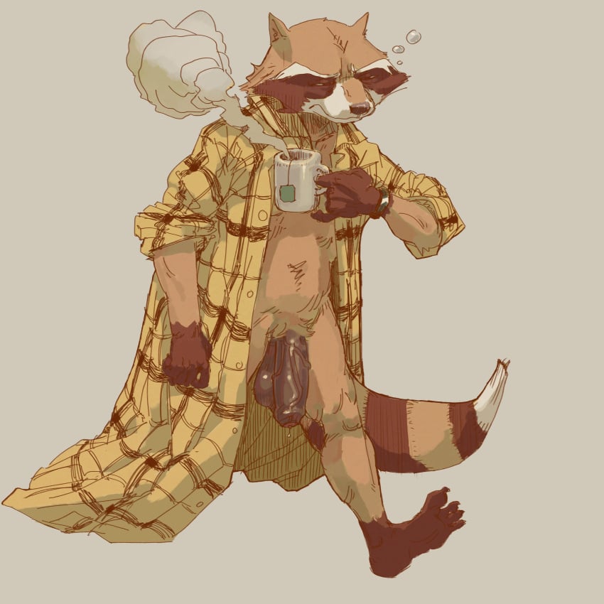 absurd_res anthro balls beverage bodily_fluids bottomless cheek_tuft clothed clothing container cup doldrum facial_tuft feet flannel flannel_shirt foreskin genital_fluids genitals guardians_of_the_galaxy hi_res inner_ear_fluff male male_only mammal marvel morning open_clothing open_shirt open_topwear organs penis precum procyonid pubes raccoon rocket_raccoon shirt shirt_only solo stomach tail tea topwear topwear_only tuft walking