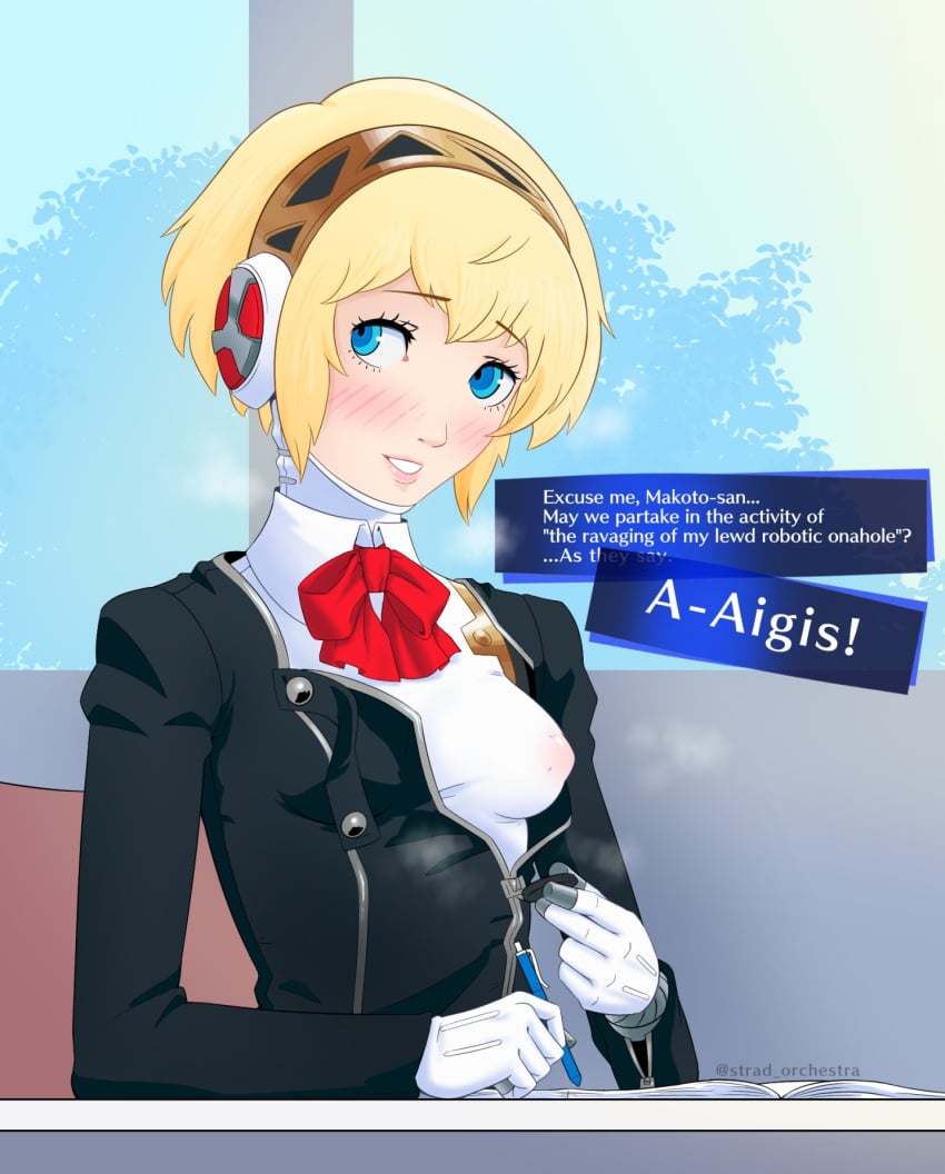 1girls 2d aigis_(persona) android android_girl atlus blonde blonde_female blonde_hair blue_eyes blush blush_lines english_text exhibitionism exposed exposed_breasts female horny horny_female light-skinned_female light_skin looking_at_viewer makoto_yuki megami_tensei offscreen_character offscreen_male partially_clothed persona persona_3 persona_3_reload public robot robot_girl sega stradivarius text underwear undressing uniform