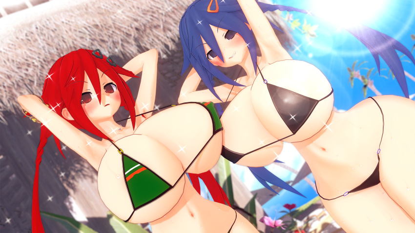 2girls 3d alternate_breast_size armpits arms_up beach bikini blue_hair blush cleavage hands_behind_head huge_breasts hyper_breasts jared(pixiv60547267) kurome_ankokuboshi light_skin looking_at_viewer neptunia_(series) open_mouth orange_eyes pose presenting purple_eyes red_hair round_breasts seductive smile sparkles thick_thighs twintails uzume_tennouboshi voluptuous