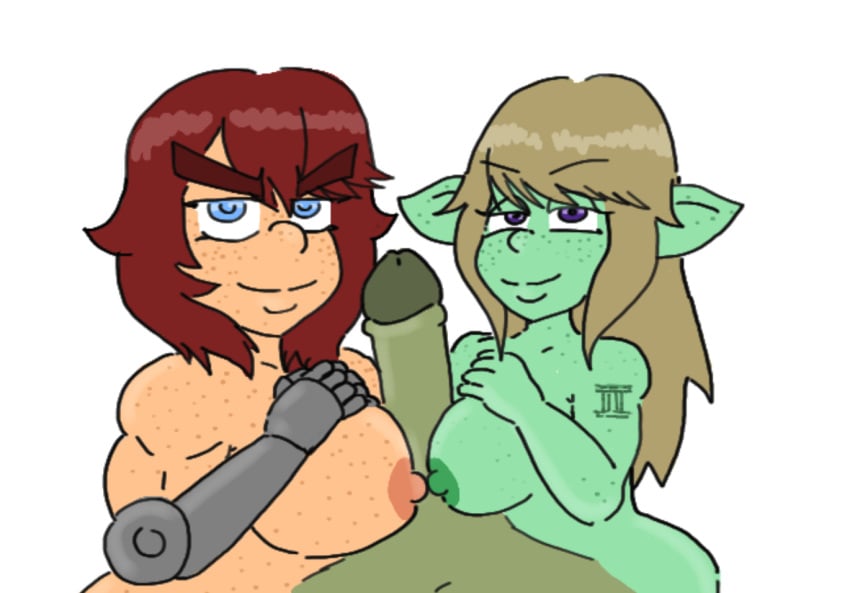 >:) 1boy 2girls blue_eyes collaborative_paizuri dirty_blonde_hair double_paizuri dungeons_and_dragons dwarf dwarf_female freckles goblin goblin_female goblin_male mechanical_arm paizuri purple_eyes red_hair retracted_foreskin self_upload tattoo white_background