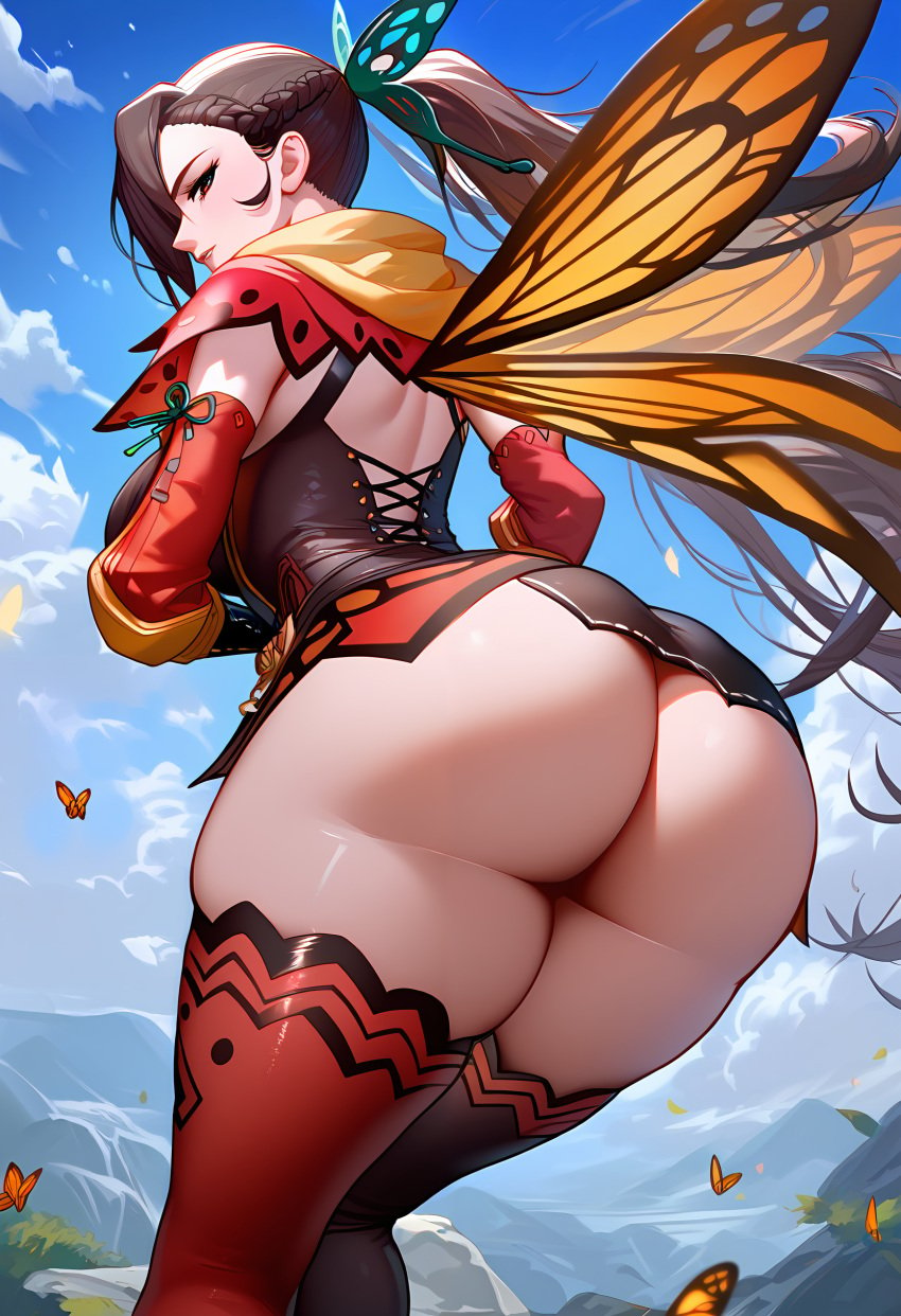 1girls absurd_res ai_generated alternate_ass_size ass_focus asymmetrical_legwear big_ass black_and_red_dress blurry blurry_background brown_hair bubble_butt butterfly_hair_ornament butterfly_wings cloud comfyui curvy dress fire_emblem fire_emblem_fates flying from_behind hair_over_one_eye highres huge_ass intelligent_systems kagero_(fire_emblem) large_ass leaning_forward mature_female milf narrow_waist nintendo nsfw pony_diffusion_xl ponytail red_sleeves red_thighhighs scarf scenery shiny_skin sky sleeves solo solo_focus stable_diffusion thick_thighs thighhighs uncensored video_games wide_hips xenomon yellow_scarf