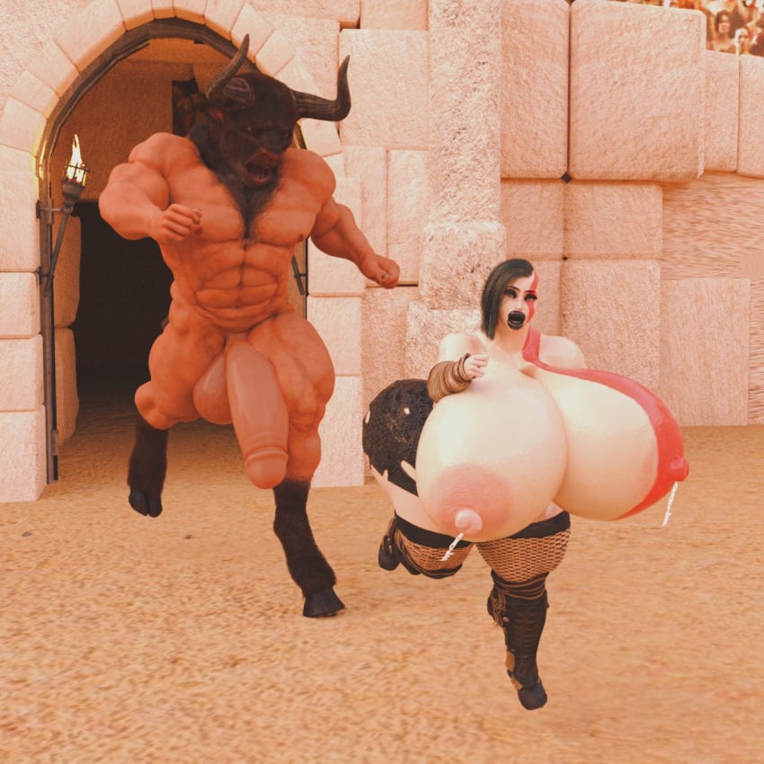 ass_bigger_than_body ass_bigger_than_head bimbo bimbo_lips breasts_bigger_than_body breasts_bigger_than_head breasts_bigger_than_torso god_of_war huge_breasts huge_cock hyper_breasts jackd22 kratos kratos_(female) lactation minotaur nipples penis running tagme