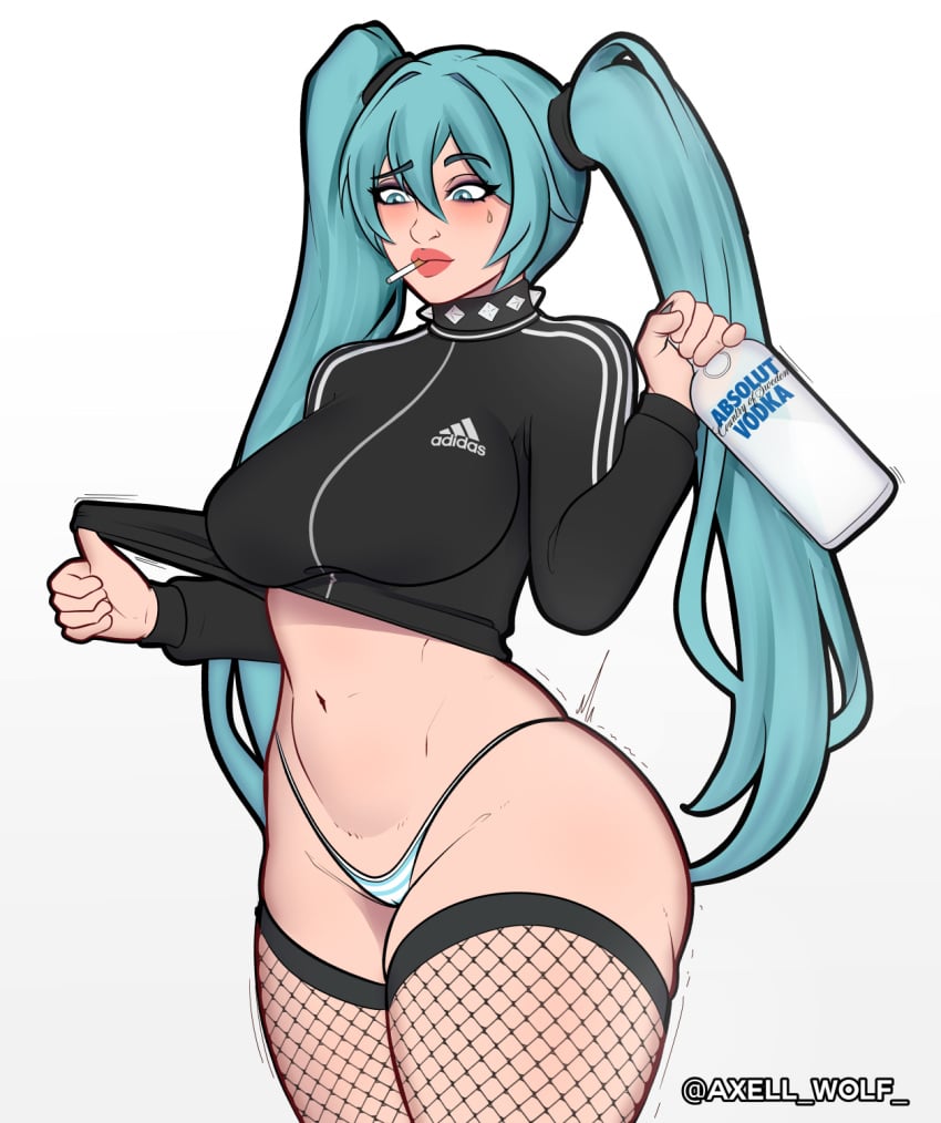 adidas axellwolf blue_eyes blue_hair cigarette fishnets hatsune_miku panties russian vodka