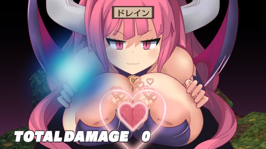 1boy 1girls breasts disgaea disgaea_2 hakayu inverted_nipples large_breasts nippon_ichi_software paizuri pink_eyes pink_hair pov succubus succubus_(disgaea) succubus_costume succubus_horns succubus_wings visible_nipples warrior_(disgaea)