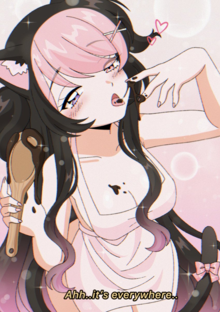 1990s_(style) 1girls 2024 animal_ears apron blue_eyes blush breasts cat_ears cat_girl cat_tail catgirl chocolate chocolate_in_mouth chocolate_on_breasts choker cleavage darlingstrawb dialogue different_eye_color different_hair_color female female_focus female_only heart heart_symbol large_breasts licking multicolored_hair pink_eyes seducing_viewer seductive seductive_look sexy short_hair tail valentine&#039;s_day virtual_youtuber vtuber