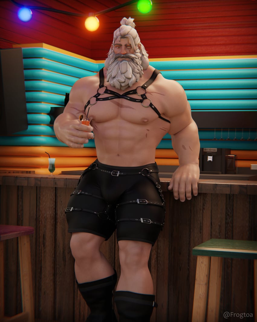 1boy bara barazoku beard bulge frogtoa leather light-skinned_male light_skin male male_only mature mature_male muscular muscular_male old_man older_male overwatch overwatch_2 reinhardt solo solo_male white_hair