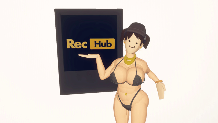 :3 belly_piercing big_breasts big_thighs bikini_top female gold michelle_the_queen rec_room rec_room_avatar smiling